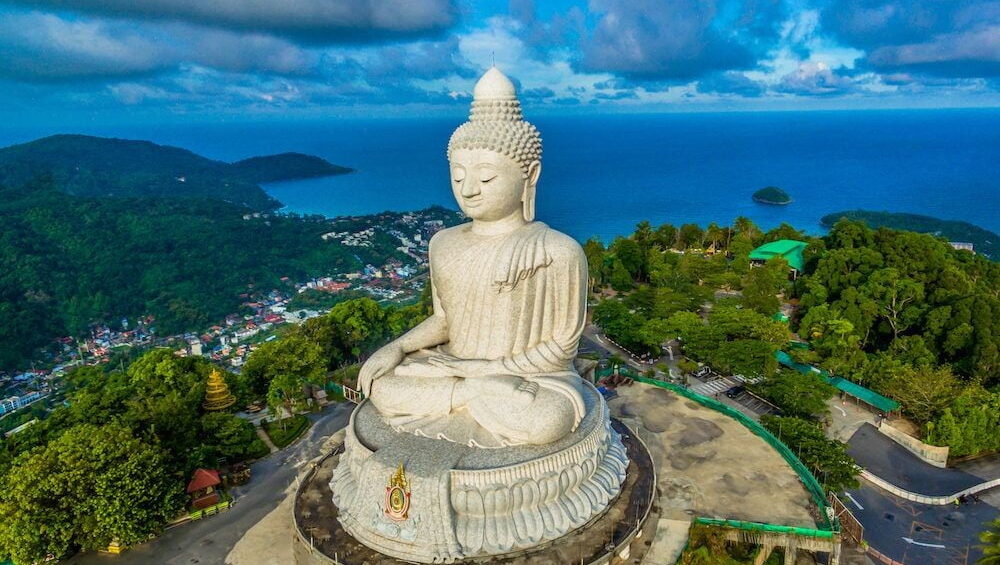 The majestic Big Buddha of Phuket, a 45-meter-tall white marble statue overlooking the island.