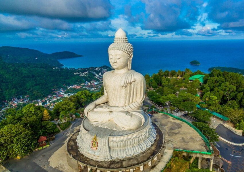 The majestic Big Buddha of Phuket, a 45-meter-tall white marble statue overlooking the island.
