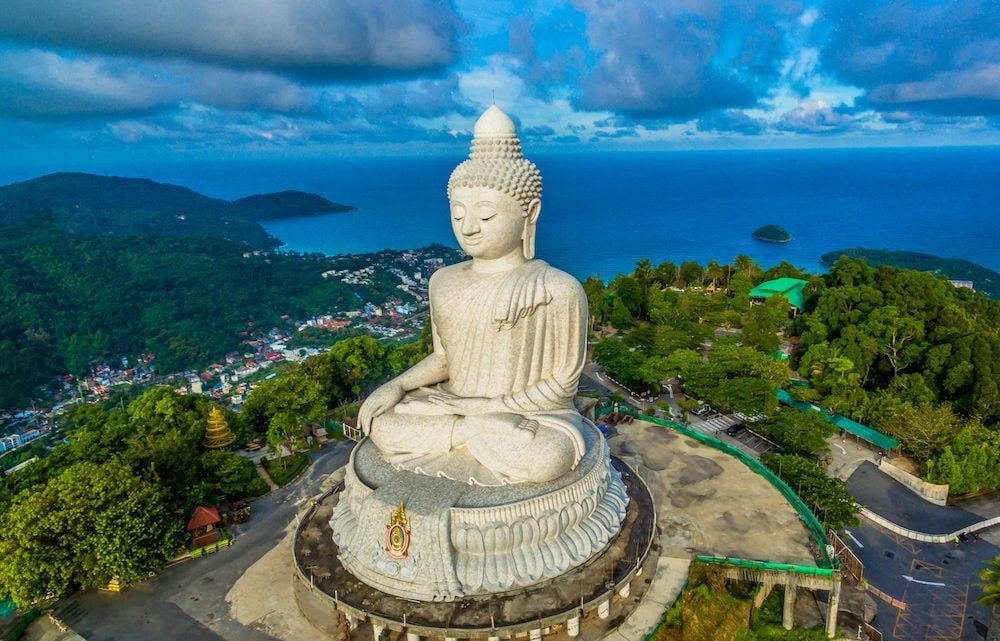 The majestic Big Buddha of Phuket, a 45-meter-tall white marble statue overlooking the island.